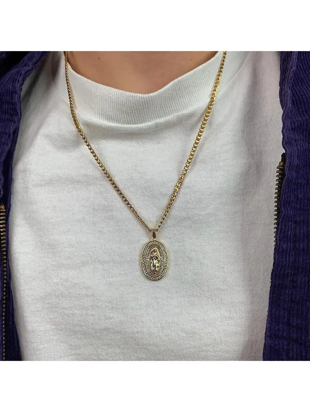 Saint Marry rhinestone pendant y2k 90s style gold necklace chain. Grunge punk st